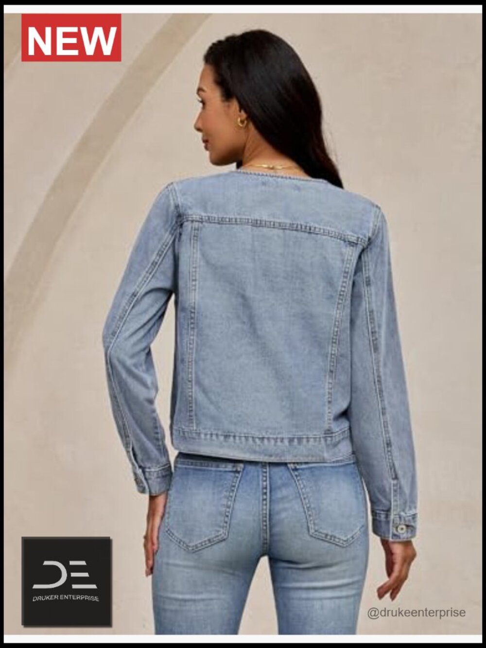 Collarless Button Down Long Sleeve Casual Western Denim Jacket Country Concert - Picture 4 of 7